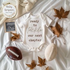 a baby's bodysuit with the words ready to tickle our next charter