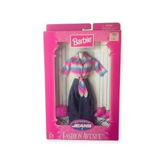 the barbie doll is wearing a pink and blue striped shirt with black pants on it