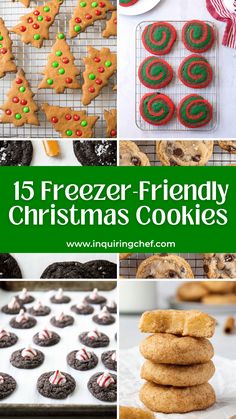 christmas cookies with the words 15 freezer - friendly christmas cookies on top and below