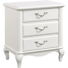 a white dresser with three drawers and two pulls on the bottom drawer, against a white background