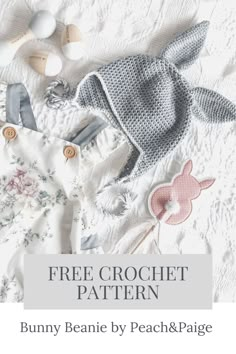 the free crochet pattern for bunny beanie by peach & page is featured