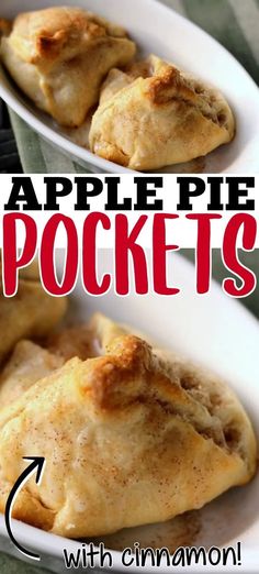 apple pie pockets with cinnamon in the middle on two white serving plates, and text overlay that reads apple pie pockets with cinnamon