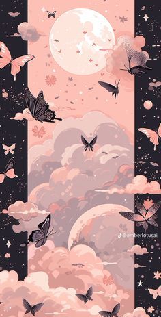 butterflies flying in the sky with clouds and stars around them, against a full moon background