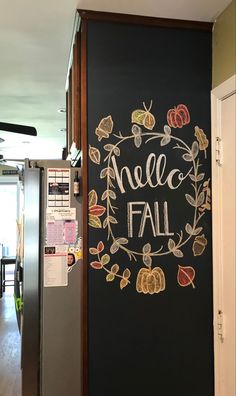 a chalkboard with the words hello fall painted on it