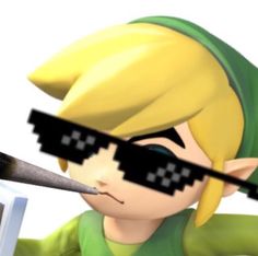 the legend of zelda is brushing his teeth with an electric toothbrush and wearing sunglasses