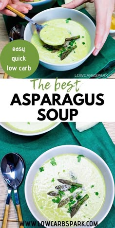 two bowls of asparagus soup on a table with spoons and green napkin