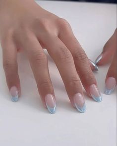 Chrome And French Tip Nails, French Blue Nails Short, Light Blue Nails With White French Tips, French Blue Chrome Nails, Light Blue French Tip Christmas Nails, Baby Blue Holiday Nails, Blue Chrome Nails Designs French, Light Blue French Tips With Chrome, Navy French Tip Nails Chrome