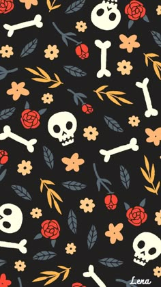 a black background with skulls, flowers and leaves in red and orange colors on it