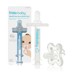 a baby pacifier and its packaging on a white background