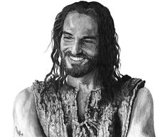 a pencil drawing of a man with long hair and beard wearing a vest smiling at the camera