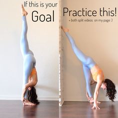 a woman doing a handstand on the floor in front of a white wall