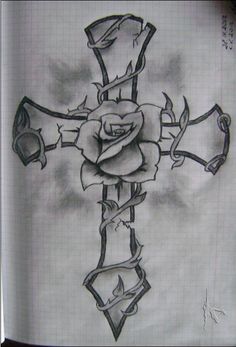 a drawing of a cross with roses on it