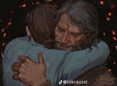 a drawing of jesus hugging a man with his arms around him