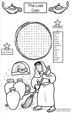 the lost coin word search is shown in this coloring page, with an image of a woman