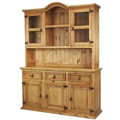 a wooden hutch with glass doors and drawers on the top, in front of a white background