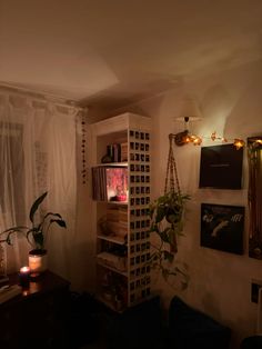 a living room filled with furniture next to a wall mounted book shelf and hanging plants