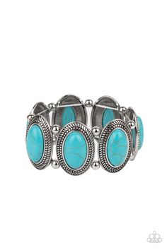 Separated by pairs of silver beads, turquoise stone dotted rustic silver frames are threaded along stretchy bands around the wrist for a seasonal flair. Sold as one individual bracelet. Turquoise Stone Bracelet, Paparazzi Accessories Jewelry, Blue Stone Bracelet, Silver Frames, Bracelet Online, Paparazzi Accessories, Stretchy Bracelets, Paparazzi Jewelry, Blue Bracelet