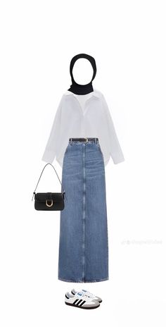 a woman wearing a white shirt and blue denim skirt with a black handbag next to her