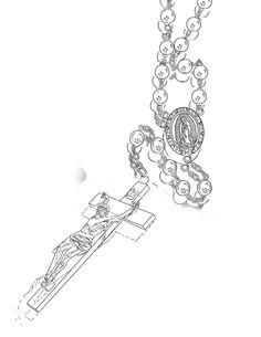 a drawing of jesus on the cross with rosarys attached to it and an oval medal