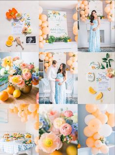 a collage of oranges, lemons, and flowers in various pictures with balloons