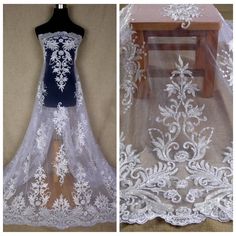 two pictures of white and blue wedding gowns on mannequins with lace