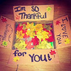 a box with some leaves on it that says i'm so thank for you