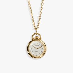 Introducing our first-ever jewelry piece that’s also a truly-ticking, fully-functional timepiece. The Runwell Watch Pendant Necklace is every bit as standout as its namesake.With a 24mm polished gold PVD case, it’s just slightly smaller than an American quarter and hangs delicately from an elegant 30” chain necklace.� Lock Charm Necklace, Clock Necklace, Shinola Detroit, Watch Pendant, Engraved Locket, Gold Velvet, Coin Pouch, Watch Necklace, Gold Pendant Necklace