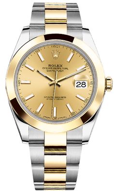 126303 | M126303-0009 Rolex Datejust 41 Men's Luxury Watch - With Manufacturer Serial Numbers - Swiss Made - Champagne Dial - Index Hour Markers - Polished Solid 18k Yellow Gold Domed Bezel - Date Feature     Date Window Displayed at 3 O'Clock     Cyclops Lens Over Date     Instantaneous Date Setting Feature - Stop-seconds Feature For Precise Time Setting - 70 Hour Power Reserve - Self-winding Automatic Movement     COSC Superlative Chronometer Certified - Rolex Caliber 3235 - Vibrations Per Hour: 28,800 - Jewels: 31 - 6 Year Warranty - Guaranteed Authentic - Certificate of Authenticity - Manufacturer Box & Manual - Polished 904L Oystersteel Stainless Steel Case - Brushed 904L Oystersteel Stainless Steel With Polished Solid 18k Yellow Gold Oyster Bracelet - Scratch Resistant Sapphire Cryst Swiss Watch Brands, Tissot Watches, Swiss Army Watches, Rolex Watches For Men, High End Watches, Expensive Watches, Rolex Men, Womens Watches Luxury, Rolex Watch