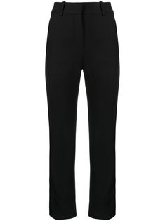 black wool-silk blend high waist belt loops concealed front fastening two side slit pockets rear welt pocket slim cut Virgo Rising, Colorful Wardrobe, Split Pants, Slim Fit Trousers, Environmental Impact, Athletic Wear, Black Wool, Waist Belt, Formal Wear