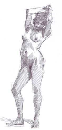 a pencil drawing of a naked man with his arms spread out and legs crossed,