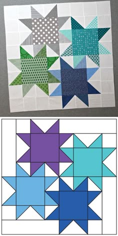 the finished star quilt pattern is shown in blue and green, while another image has been cut