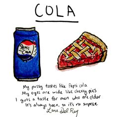 a piece of pie next to a can of cola on a white paper with writing