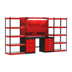 a red and black work station with drawers