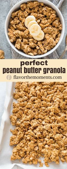 two pictures showing the different stages of granola being made in a baking pan and then topped with sliced bananas