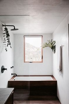 a bath room with a tub a sink and a window on the side of it