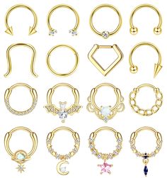 various types of gold nose rings with different shapes and sizes, all set on white background