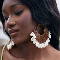 Super Cute Brown Woven Earrings With Shells! Unique Boho Look! Quick & Fast Shipped! Afro Jewelry, African Inspired Jewelry, Cowrie Shell Jewelry, Hoop Drop Earrings, Earthy Jewelry, African Earrings, Seashell Jewelry, Tassel Drop Earrings, Plain Color