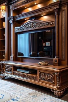 a large wooden entertainment center with an ornate design on the front and back sides, in a living room