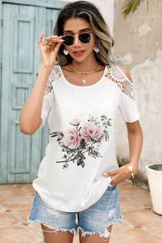 Summer Stretch Crew Neck Blouse, Summer Stretch Blouse With Crew Neck, Summer Stretch Printed Blouse, White Floral Print Non-stretch Top, White Non-stretch Floral Print Top, Feminine Floral Print Stretch Tops, Feminine Stretch Floral Print Tops, Summer Cold Shoulder Fitted Blouse, Spring Crew Neck Stretch Blouse