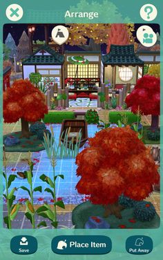 the screenshot shows an animated garden with red trees and plants in front of a pond