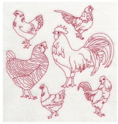 red ink drawings of chickens and roosters on white paper