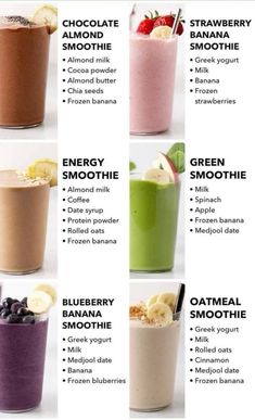 an image of different smoothie drinks with the names in each glass and pictures below