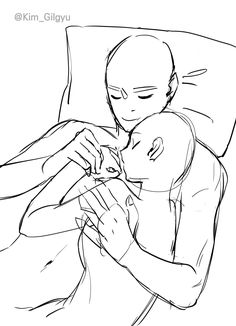 a drawing of a man holding a cat in his arms while laying on a bed