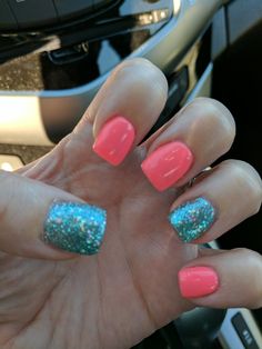 Summer nails....."Coral Reef" & "Ocean Blue Sparkle" Coral And Blue Nails Summer, Navy Blue And Coral Nails, Coral And Light Blue Nails, Coral And Blue Nails, Blue And Coral Nails, Pink And Teal Beach Nails, Nails Summer Blue, Summer Nails Coral, Coral Sparkle Nails