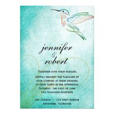 a wedding card with a humming bird on the front and back, in aqua watercolor