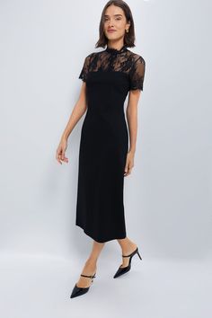 Black Lace Agatha Midi Dress | Hyacinth House Black Lace Dress Wedding Guest, Black Dress Gold Heels, Black Slip Dress Outfit, Dresses For Petite Women, Satin Black Dress, Simple Black Heels, Simple Cocktail Dress, Black Lace Wedding Dress, Cocktail Dress Code