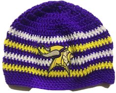 MEN'S ADULT SIZE HANDMADE WITH CARE IN THE USA,    FITS AVERAGE 20" TO LARGER 22" HEAD,    USING  a basic dc crochet BEANIE PATTERN,    MADE WITH SIMPLY SOFT CARON BRAND   -a bright shade of purple, yellow and white color yarn -    WILL GIVE YOU YEARS OF USE!! Minnesota Vikings TEAM COLORS- (and Made in Minnesota!!)   Has ironed on Vikings patch on front! Please note the hat looks more blue than purple but it is bright purple, not showing up well in photos.    I DO HAVE SEVERAL OTHER COLORS OF T Purple Crochet Yarn Hat, Purple Crochet Hat One Size Fits All, Hand Knitted Purple Crochet Hat One Size Fits Most, Hand Knitted Purple Crochet Hat One Size, Purple Crochet Hat One Size, Purple Yarn Cap, Purple Hand Knitted Crochet Hat, Purple Hand Knitted Crochet Cap, Purple Hand-knitted Crochet Cap