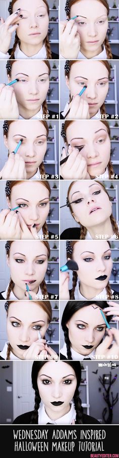 Wednesday Addams Halloween Makeup Addams Makeup, Wednesday Addams Makeup, Wednesday Addams Halloween, Makeup Tutorial Easy, Halloween Makeup Tutorial Easy, Party Makeup Tutorial, Holiday Makeup Tutorial, Meme Costume, Ideas For Makeup