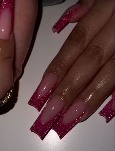 Nails Acrylic Aesthetic Coffin, Dark Pink Birthday Nails, Sparkly Pink French Tip Acrylic Nails, Short Dark Red Nails With Glitter, Pink Nails Short Glitter, Pink Sparkle Nails Square, Fushia Prom Nails, Fuschia Pink Nail Designs, French Pink Glitter Nails