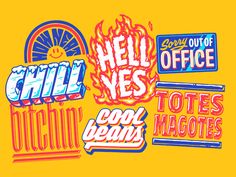 some type of stickers that are on a yellow background with the words chill and office